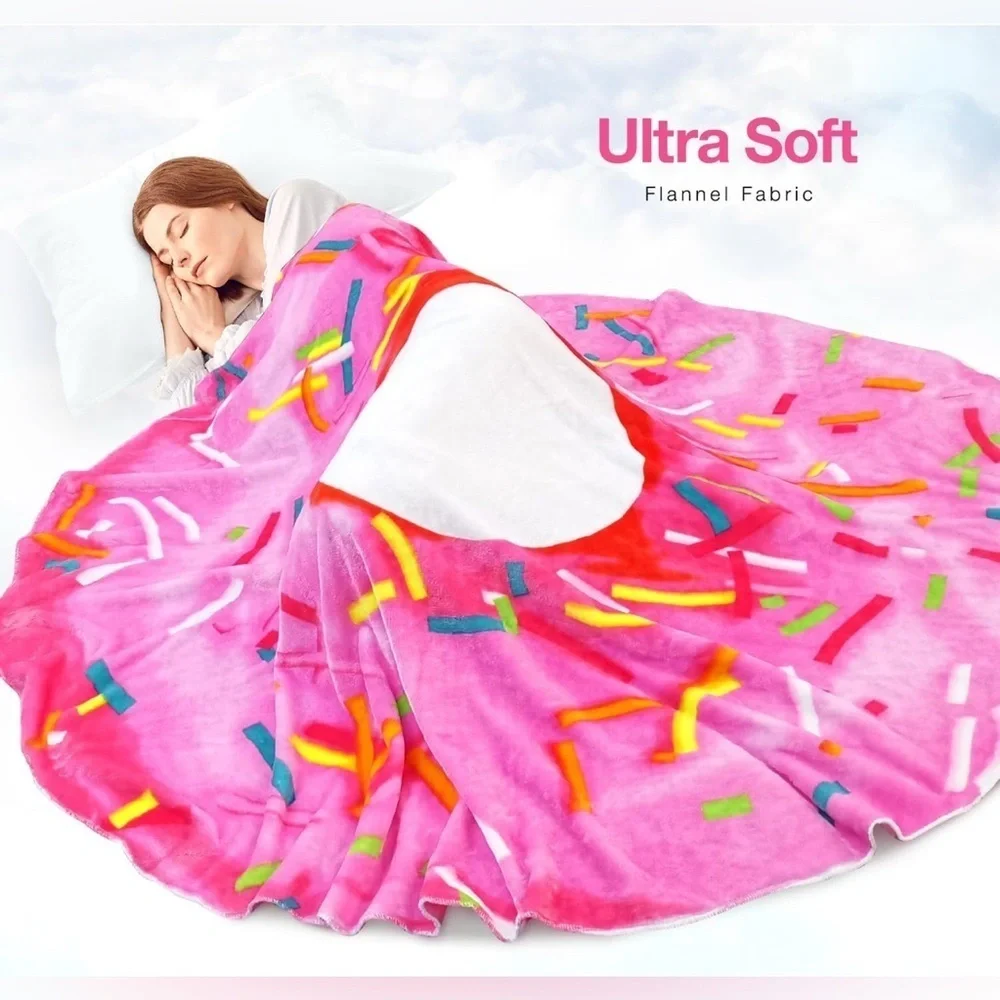 Giant Donut Throw Blanket, Double Sided, Pink, White, 71 inches